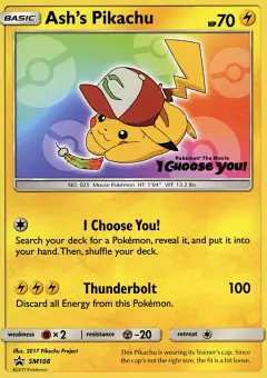 Ash's Pikachu card (Sun & Moon Black Star Promos 108) with Ash in the artwork