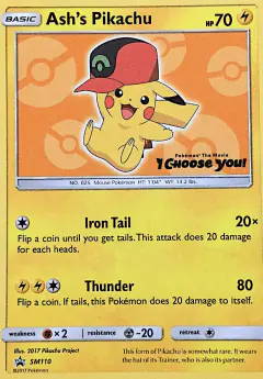 Ash's Pikachu card (Sun & Moon Black Star Promos 110) with Ash in the artwork