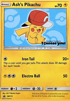 Ash's Pikachu card (Sun & Moon Black Star Promos 113) with Ash in the artwork