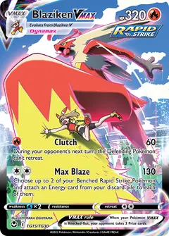 Blaziken VMAX card (Silver Tempest Trainer Gallery TG15) with May in the artwork