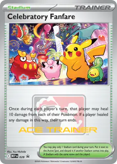 Celebratory Fanfare card (Mega Evolution Black Star Promos 28) with Pikachu in the artwork