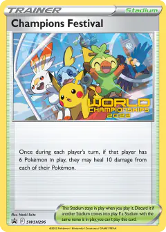 Champions Festival card (SWSH Black Star Promos 296) with Pikachu in the artwork
