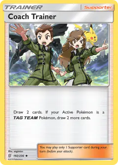 Coach Trainer card (Unified Minds 192) with Pikachu in the artwork