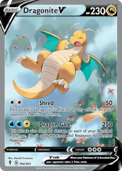 Dragonite V card (Evolving Skies 192) with Fearow in the artwork