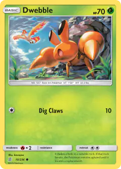 Dwebble card (Unified Minds 10) with Moltres in the artwork