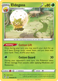 Eldegoss card (Evolving Skies 16) with Meowth in the artwork