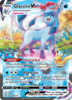 Glaceon VMAX card (Evolving Skies 209) with Pikachu in the artwork