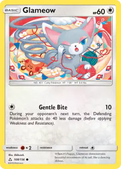 Glameow card (Ultra Prism 108) with Dedenne in the artwork