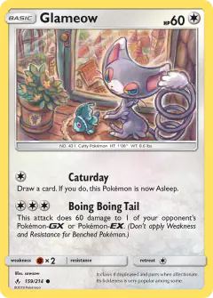 Glameow card (Unbroken Bonds 159) with Lumineon in the artwork