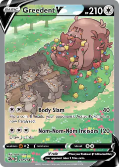 Greedent V card (Fusion Strike 257) with Skwovet in the artwork