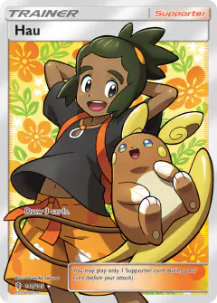 Hau card (Guardians Rising 144) with Alolan Raichu in the artwork