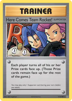 Here Comes Team Rocket! card (Evolutions 113) with Meowth in the artwork