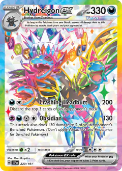 Hydreigon ex card (Surging Sparks 223) with Terapagos in the artwork