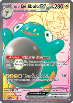 Iono's Bellibolt ex card (Scarlet & Violet Black Star Promos 194) with Magnemite in the artwork