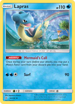Lapras card (Unified Minds 36) with Misty in the artwork