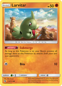 Larvitar card (Lost Thunder 114) with Pupitar in the artwork