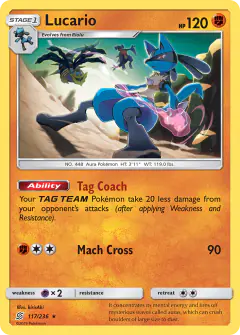 Lucario card (Unified Minds 117) with Origin Forme Giratina in the artwork