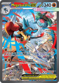 Mega Lucario ex card (Mega Evolution Base 179) with Mega Abomasnow in the artwork