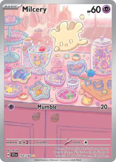 Milcery card (Stellar Crown 152) with Pikachu in the artwork