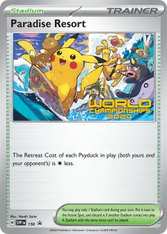 Paradise Resort card (Scarlet & Violet Black Star Promos 150) with Pikachu in the artwork