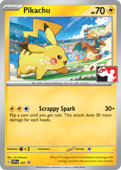 Pikachu card (Scarlet & Violet Black Star Promos 101) with Charizard in the artwork