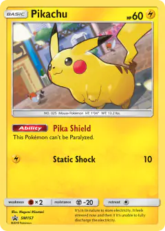 Pikachu card (Sun & Moon Black Star Promos 157) with Fletchling in the artwork