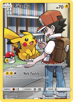 Pikachu card (Cosmic Eclipse 241) with Red in the artwork