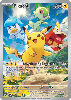 Pikachu card (Scarlet & Violet Black Star Promos 27) with Fuecoco in the artwork