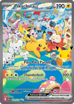 Pikachu ex card with Meowth in the artwork