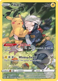 Pikachu card (Lost Origin Trainer Gallery TG05) with Akari in the artwork