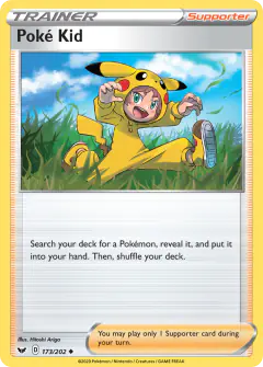Poké Kid card (Sword & Shield Base 173) with Pikachu in the artwork