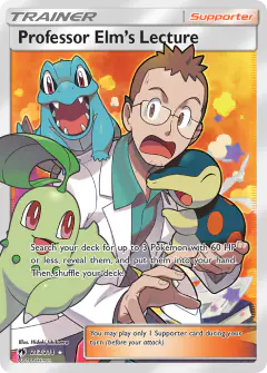 Professor Elm's Lecture card (Lost Thunder 213) with Chikorita in the artwork