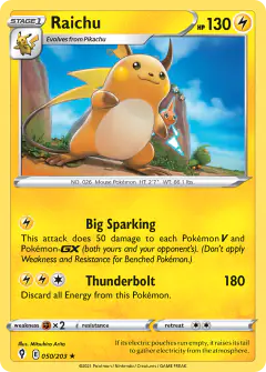 Raichu card (Evolving Skies 50) with Sewaddle in the artwork
