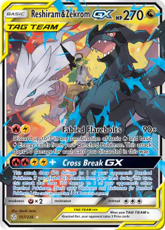 Reshiram & Zekrom-GX card (Cosmic Eclipse 157) with N in the artwork