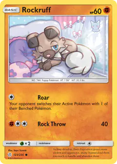 Rockruff card (Cosmic Eclipse 123) with Munna in the artwork