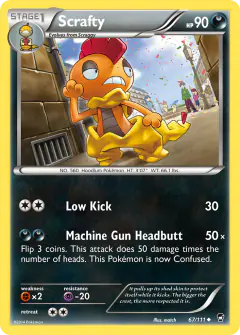 Scrafty card (Furious Fists 67) with Minun in the artwork