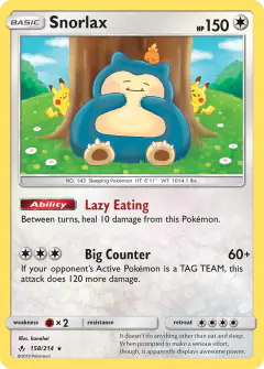 Snorlax card (Unbroken Bonds 158) with Pikachu in the artwork