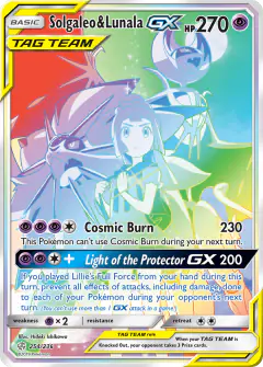 Solgaleo & Lunala-GX card (Cosmic Eclipse 254) with Lillie in the artwork