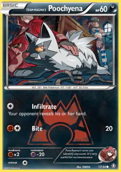 Team Magma's Poochyena card (Double Crisis 17) with Team Aqua Grunt in the artwork