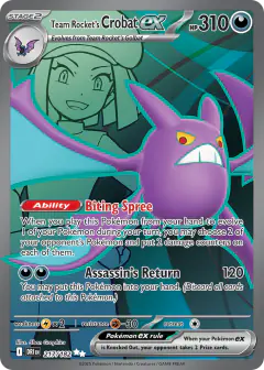 Team Rocket's Crobat ex card (Destined Rivals 217) with Team Rocket Grunt in the artwork
