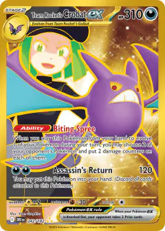 Team Rocket's Crobat ex card (Destined Rivals 242) with Team Rocket Grunt in the artwork