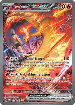 Team Rocket's Moltres ex card (Destined Rivals 229) with Archer in the artwork