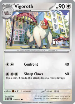 Vigoroth card (Paldea Evolved 161) with Meowth in the artwork