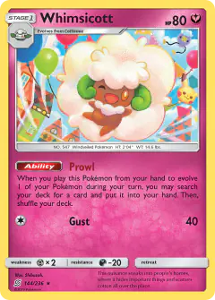 Whimsicott card (Unified Minds 144) with Pikachu in the artwork