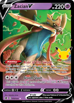 Zacian V card (Celebrations 16) with Crowned Zamazenta in the artwork